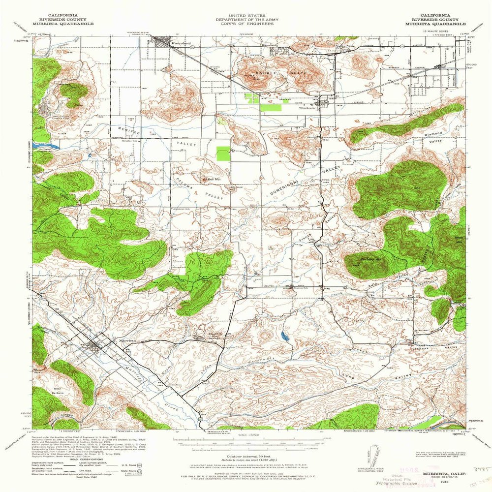 YellowMaps Murrieta CA topo map, 1:62500 Scale, 15 X 15 Minute, Historical, 1942, Updated 1962, 21.9 x 16.6 in - Tyvek
