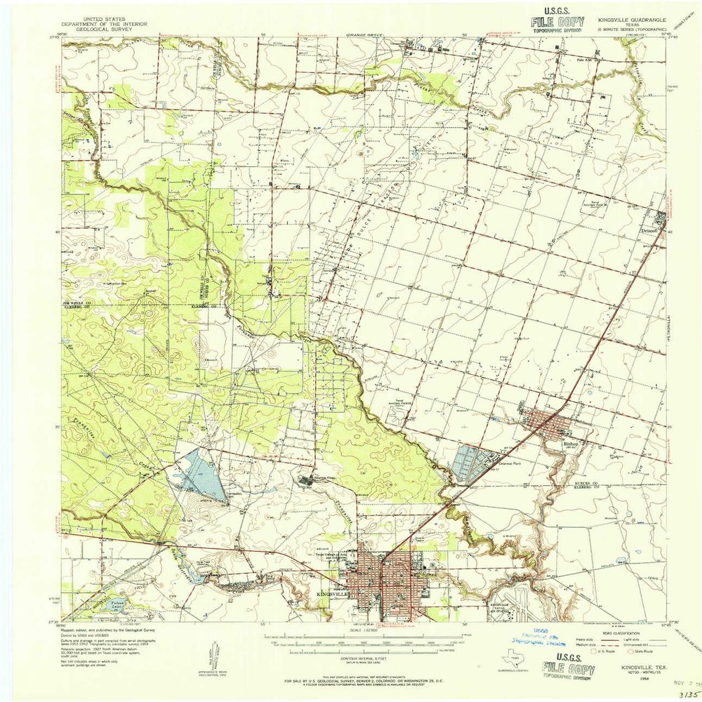 YellowMaps Kingsville TX topo map, 1:62500 Scale, 15 X 15 Minute, Historical, 1954, Updated 1956, 20.9 x 18 in - Polypropylene