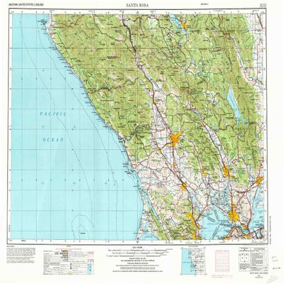 YellowMaps Santa Rosa CA topo map, 1:250000 Scale, 1 X 2 Degree, Historical, 1958, Updated 1973, 22 x 31 in - Polypropylene