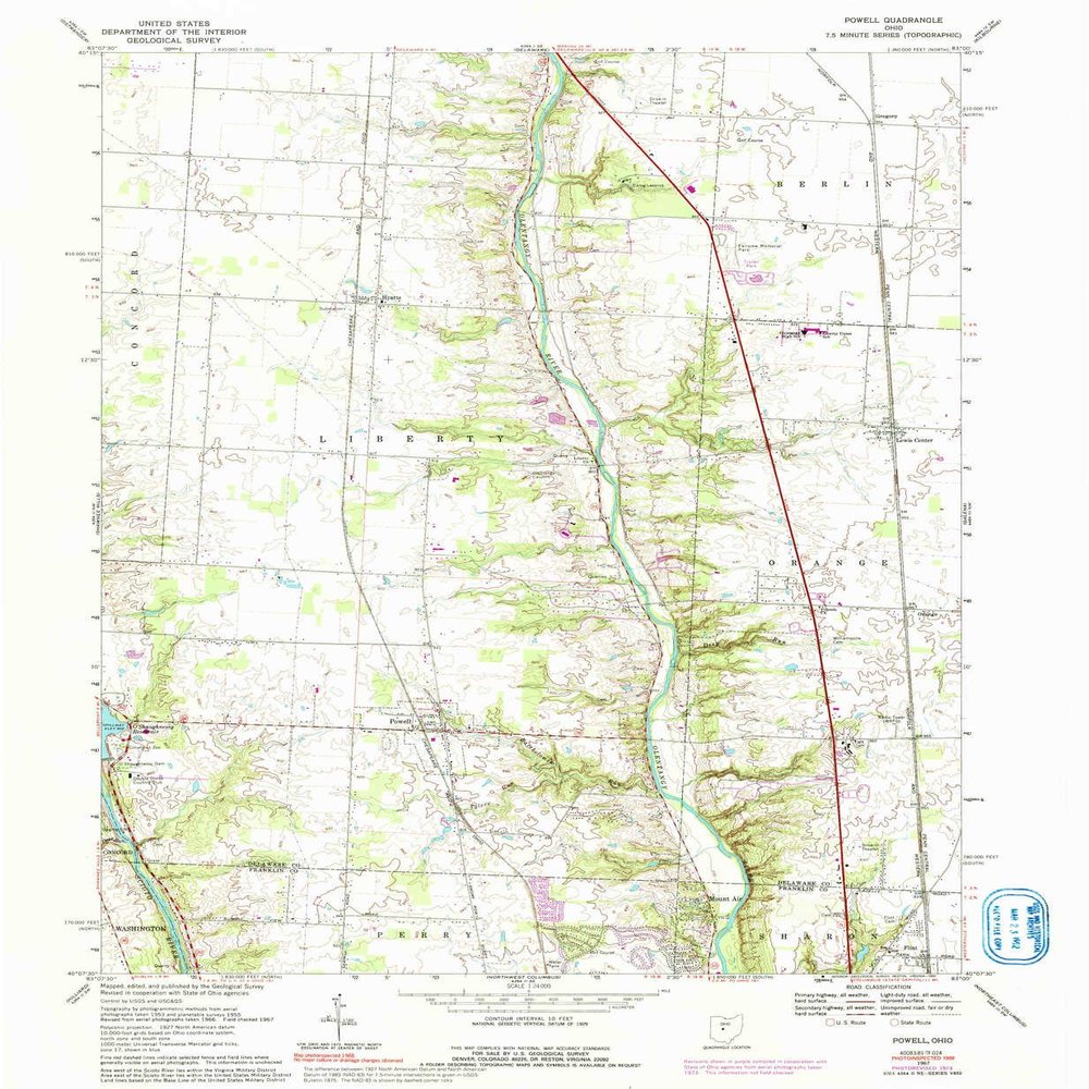 Powell OH topo map, 1:24000 Scale, 7.5 X 7.5 Minute, Historical, 1967, Updated 1992, 26.9 x 22 in - Polypropylene