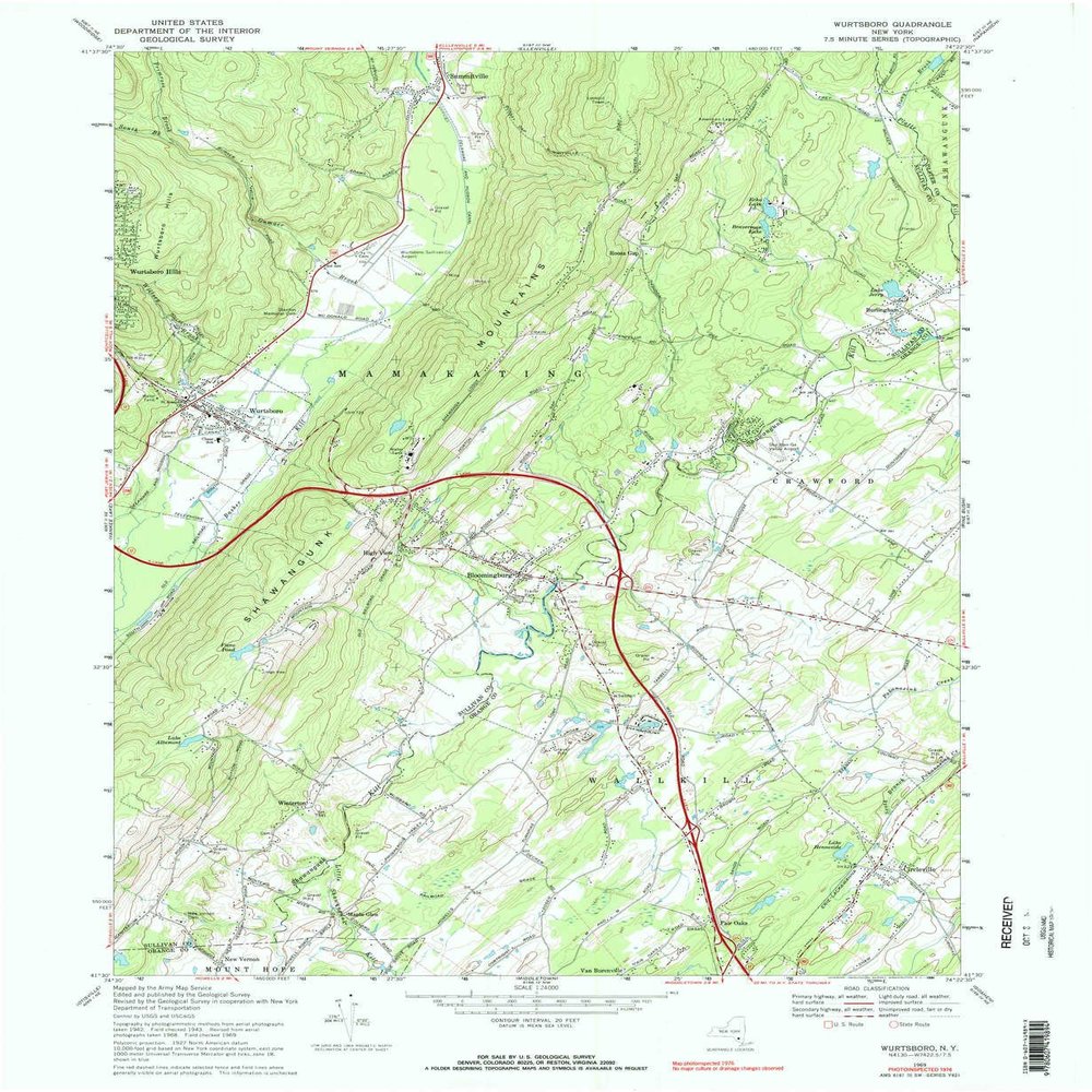 YellowMaps Wurtsboro NY topo map, 1:24000 Scale, 7.5 X 7.5 Minute, Historical, 1969, Updated 1990, 26.9 x 22 in - Polypropylene