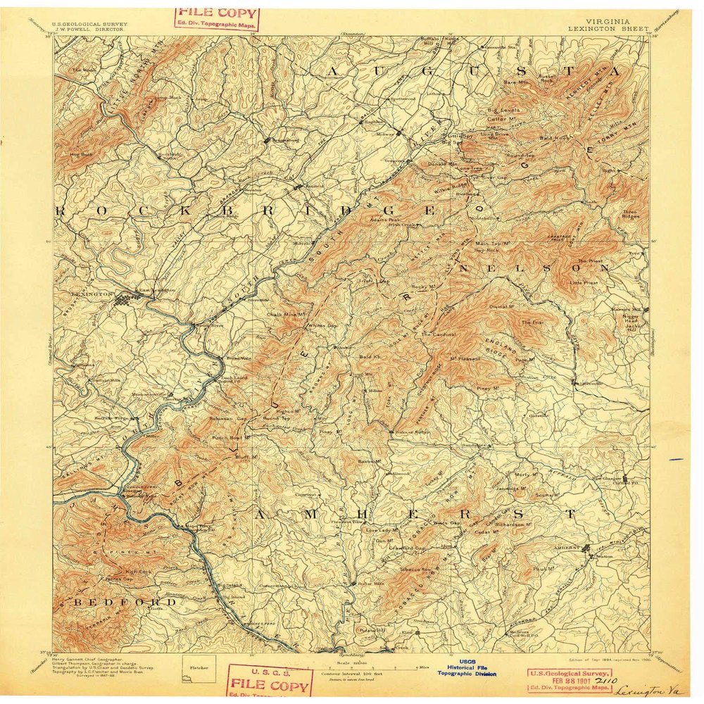 YellowMaps Lexington VA topo map, 1:125000 Scale, 30 X 30 Minute, Historical, 1894, Updated 1900, 19.9 x 16.4 in - Polypropylene