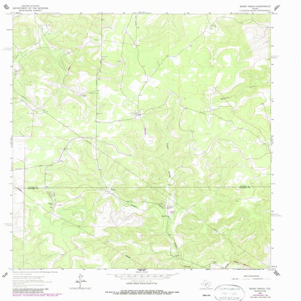 YellowMaps Bundy Ranch TX topo map, 1:24000 Scale, 7.5 X 7.5 Minute, Historical, 1962, Updated 1987, 26.9 x 23 in - Polypropylene