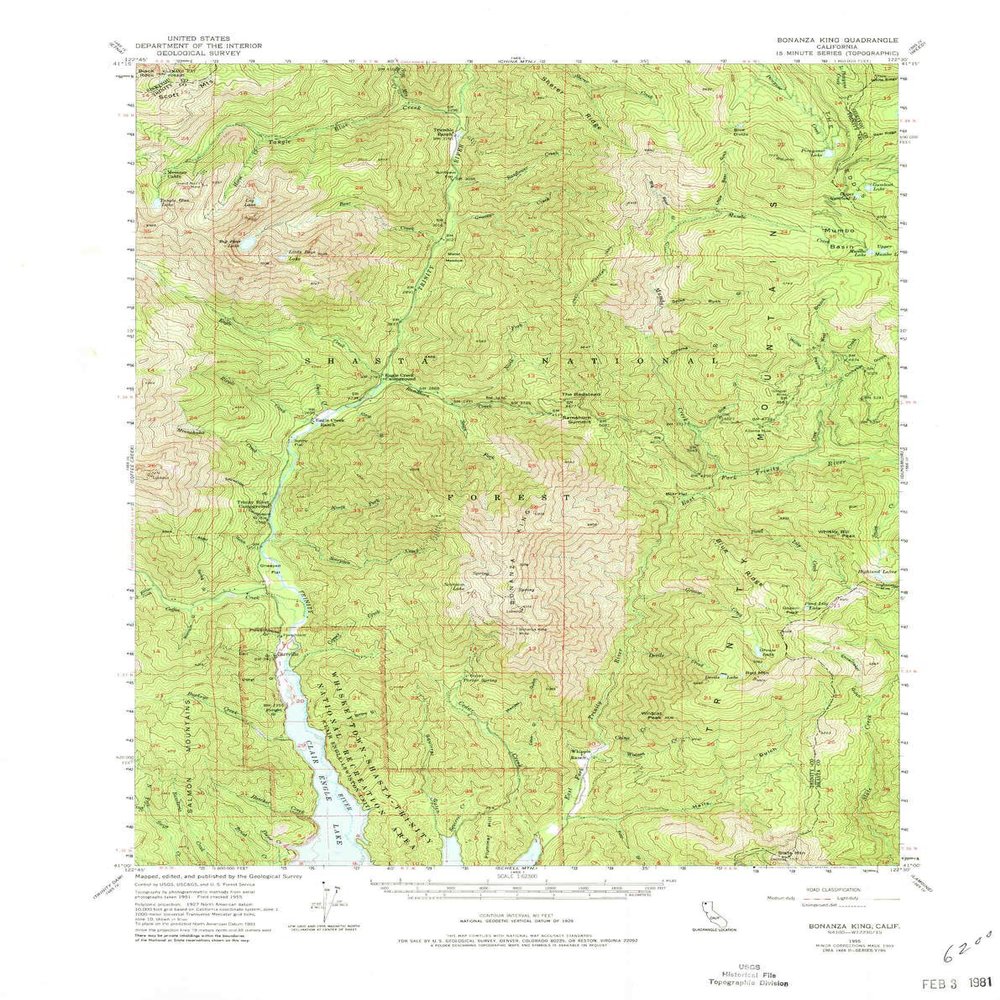 YellowMaps Bonanza King CA topo map, 1:62500 Scale, 15 X 15 Minute, Historical, 1955, Updated 1980, 21.8 x 17.3 in - Polypropylene