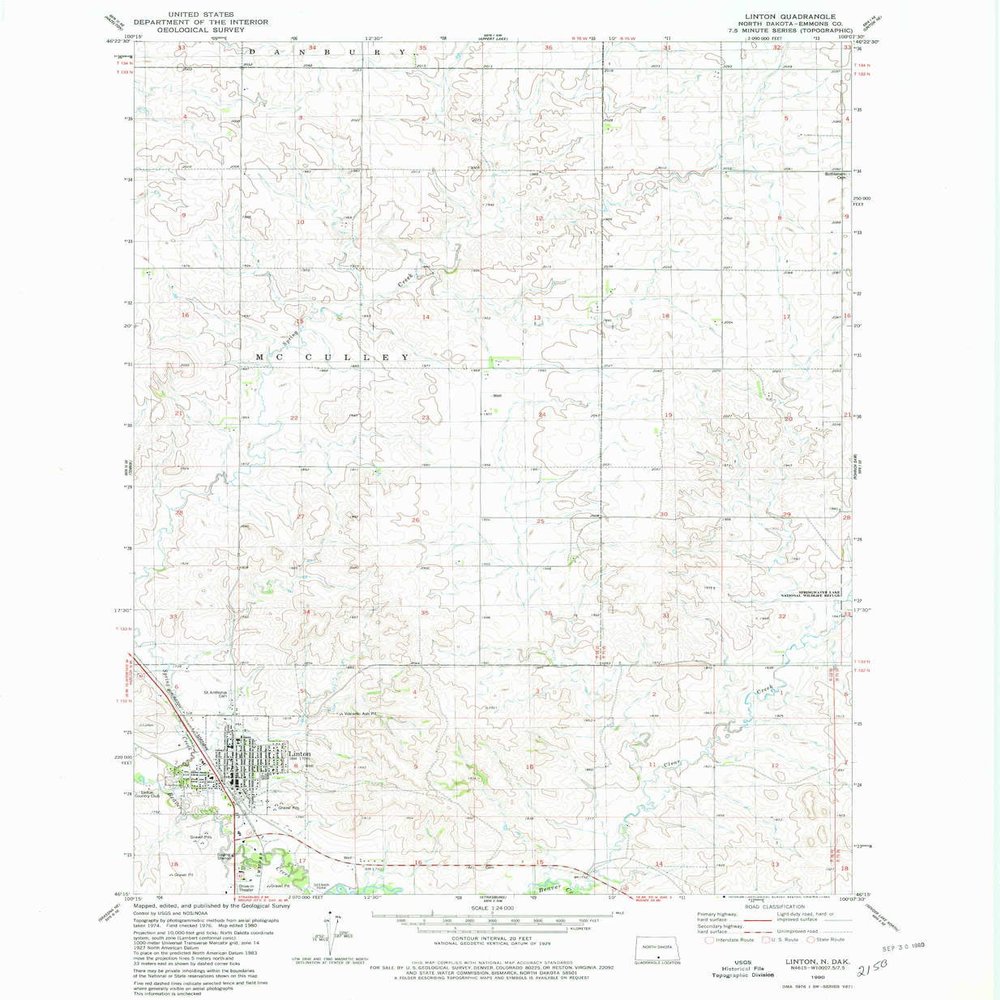 YellowMaps Linton ND topo map, 1:24000 Scale, 7.5 X 7.5 Minute, Historical, 1980, Updated 1980, 26.8 x 22.1 in - Tyvek
