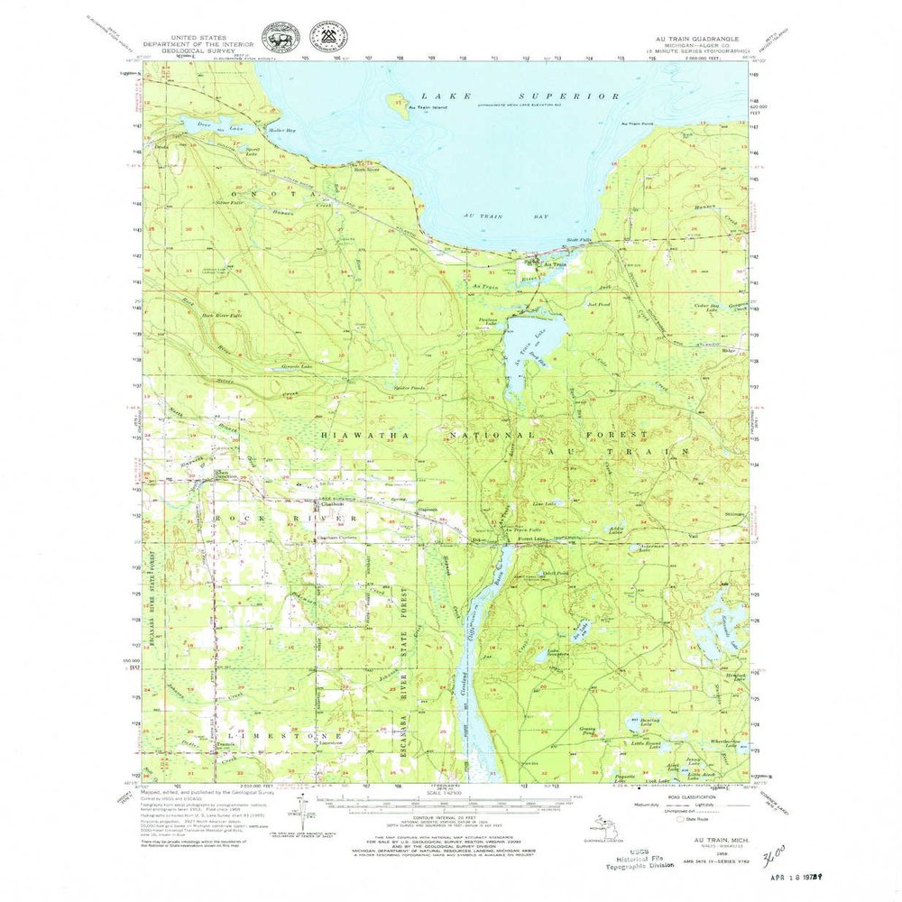 YellowMaps Au Train MI topo map, 1:62500 Scale, 15 X 15 Minute, Historical, 1958, Updated 1979, 21.9 x 18 in - Polypropylene