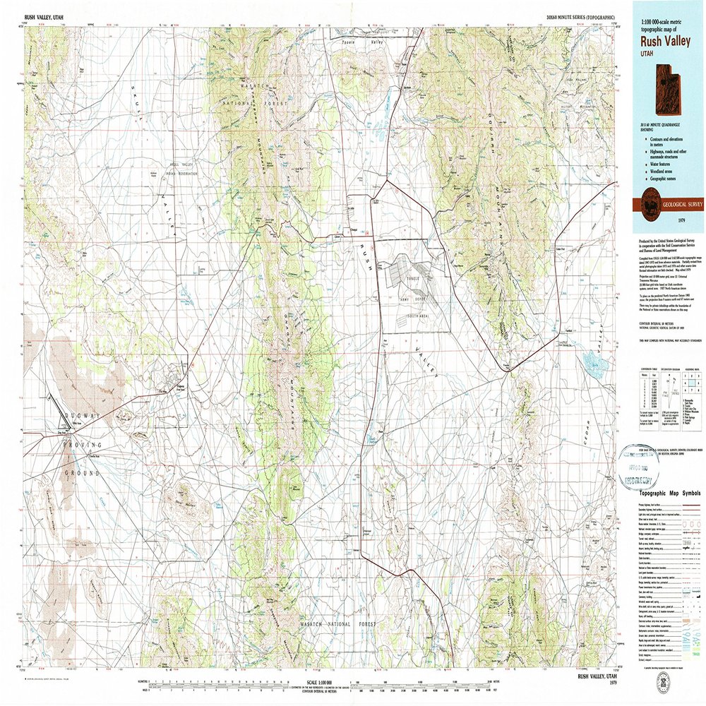 YellowMaps Rush Valley UT topo map, 1:100000 Scale, 30 X 60 Minute, Historical, 1979, Updated 1985, 24.1 x 40 in - Polypropylene