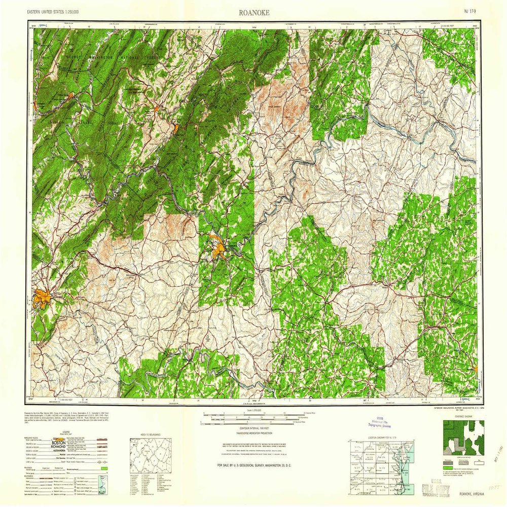 YellowMaps Roanoke VA topo map, 1:250000 Scale, 1 X 2 Degree, Historical, 1959, 24.1 x 32 in - Polypropylene