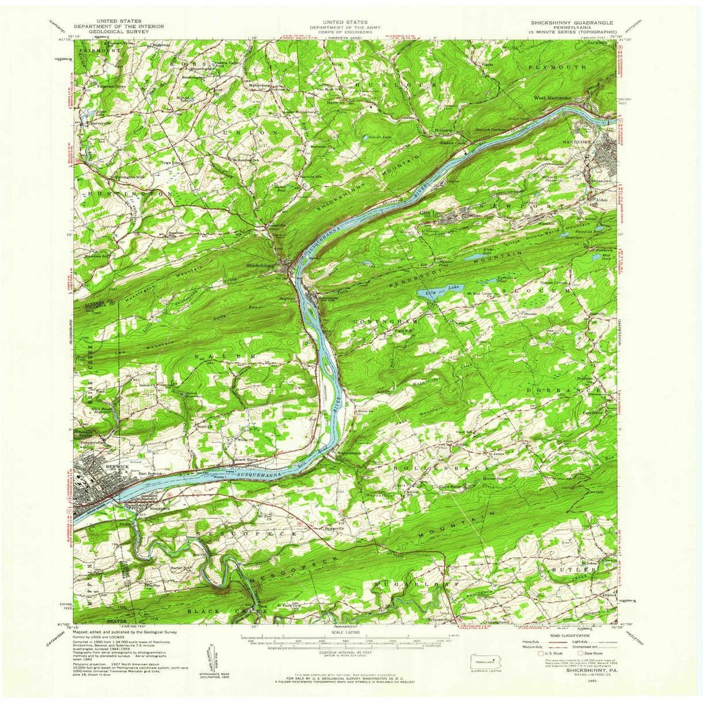 YellowMaps Shickshinny PA topo map, 1:62500 Scale, 15 X 15 Minute, Historical, 1955, Updated 1960, 21 x 17.1 in - Polypropylene