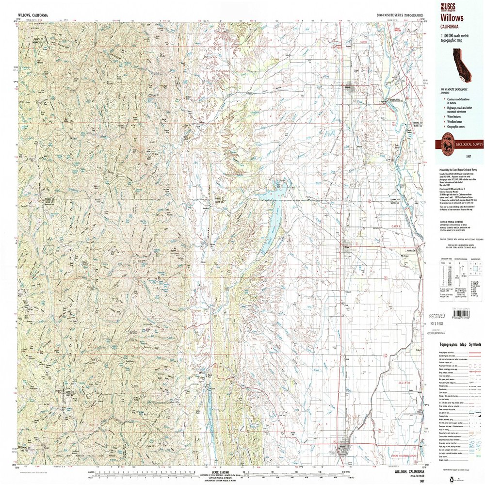 Willows CA topo map, 1:100000 Scale, 30 X 60 Minute, Historical, 1987, Updated 1988, 23.9 x 40.3 in - Polypropylene