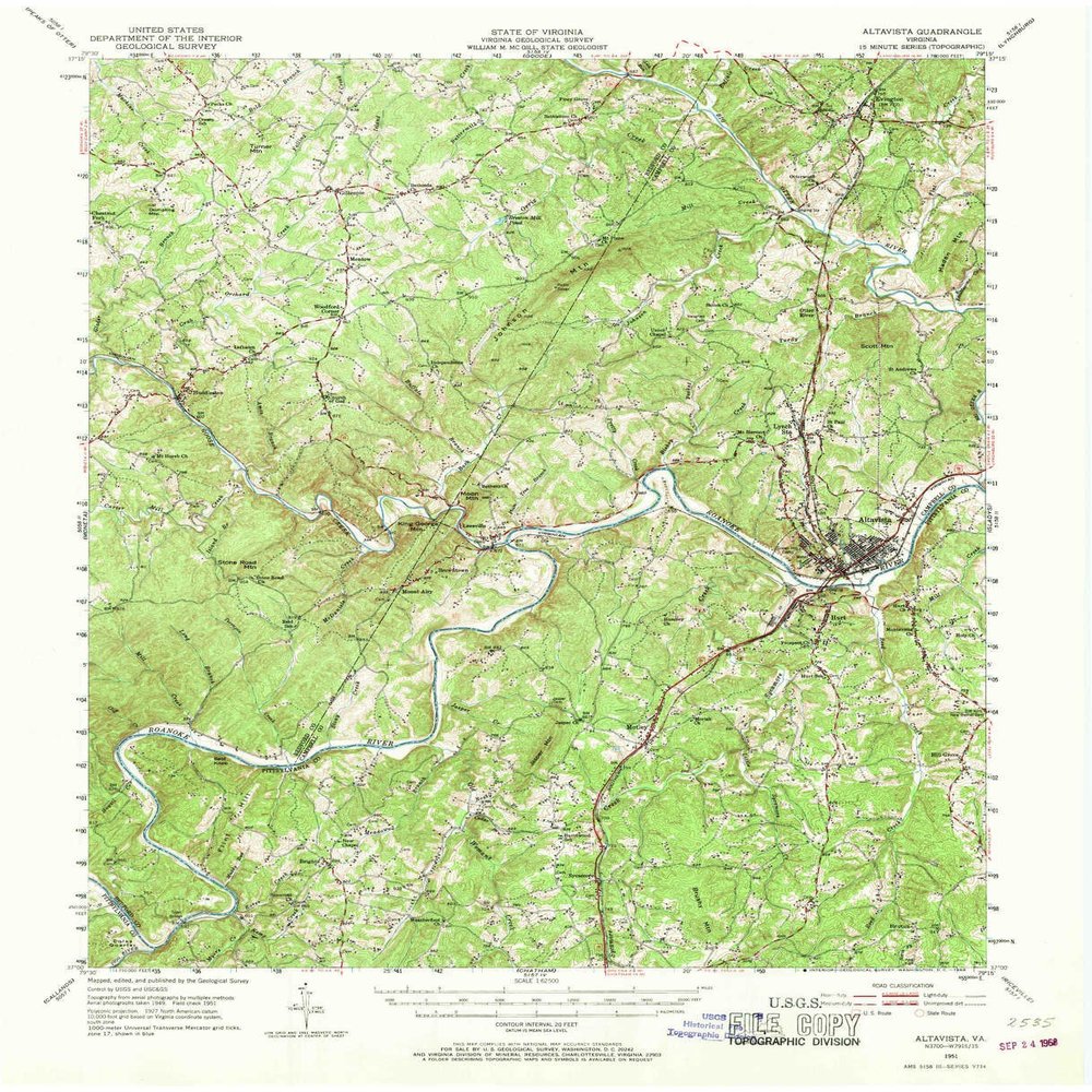 YellowMaps Altavista VA topo map, 1:62500 Scale, 15 X 15 Minute, Historical, 1951, Updated 1968, 21 x 17 in - Polypropylene