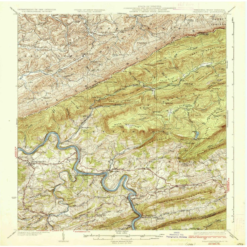 YellowMaps Pearisburg VA topo map, 1:62500 Scale, 15 X 15 Minute, Historical, 1937, 19.9 x 16.5 in - Tyvek