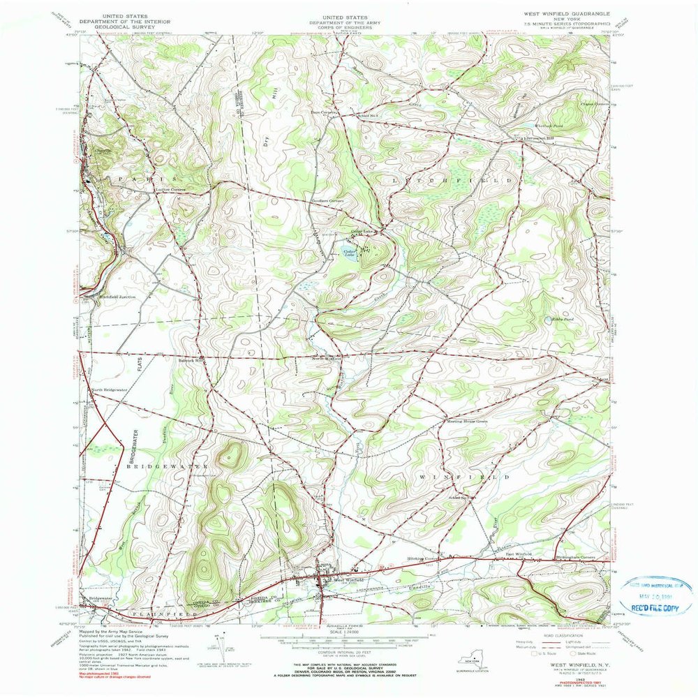 YellowMaps West Winfield NY topo map, 1:24000 Scale, 7.5 X 7.5 Minute, Historical, 1943, Updated 1990, 26.9 x 22 in - Polypropylene