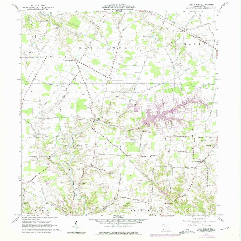 YellowMaps Ash Ridge OH topo map, 1:24000 Scale, 7.5 X 7.5 Minute, Historical, 1961, Updated 1975, 27 x 22 in - Polypropylene