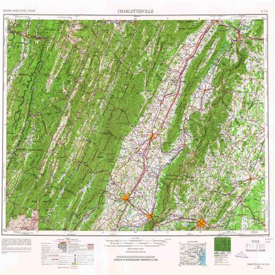 YellowMaps Charlottesville VA topo map, 1:250000 Scale, 1 X 2 Degree, Historical, 1956, Updated 1966, 22.9 x 29.5 in - Tyvek