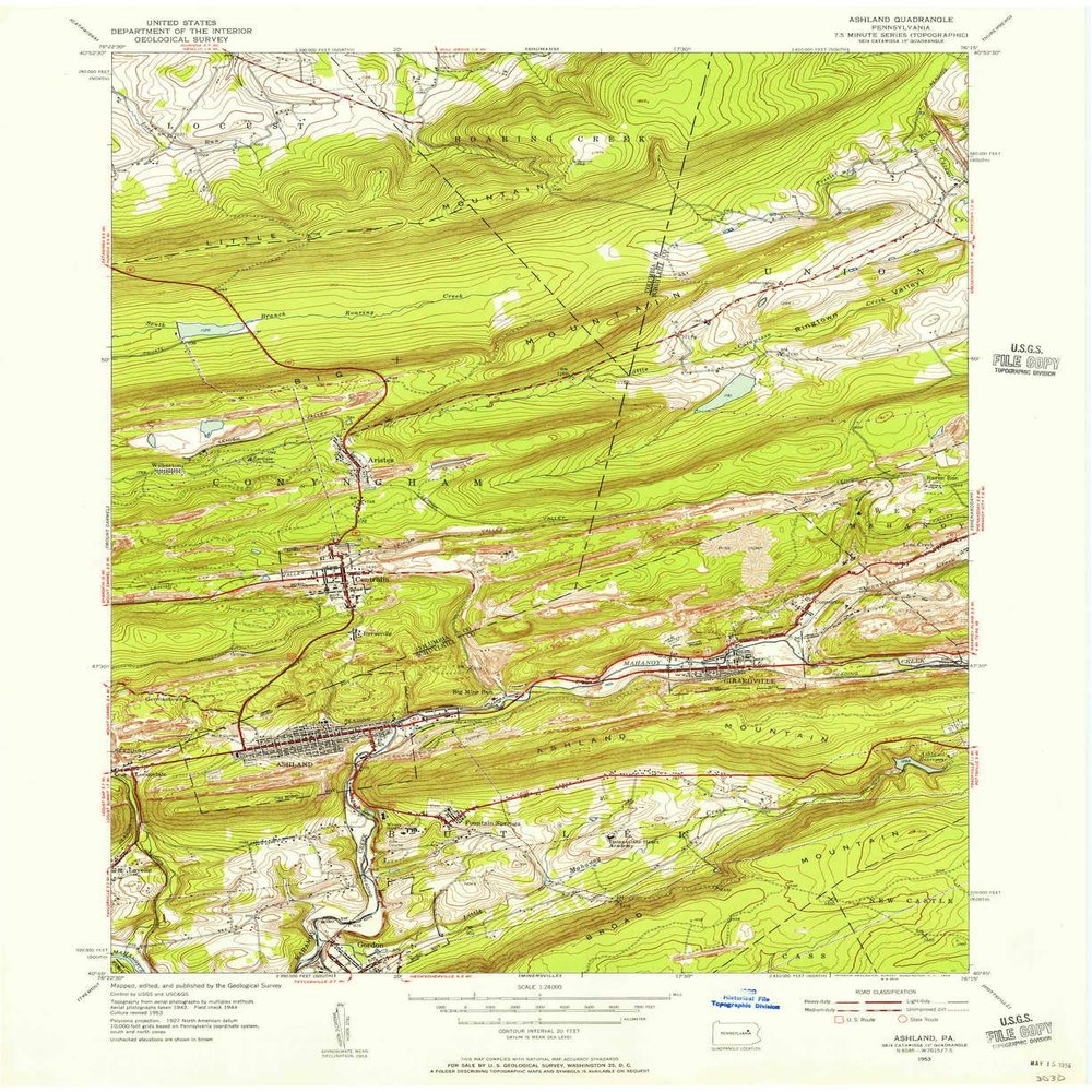 YellowMaps Ashland PA topo map, 1:24000 Scale, 7.5 X 7.5 Minute, Historical, 1953, Updated 1956, 27 x 22 in - Polypropylene