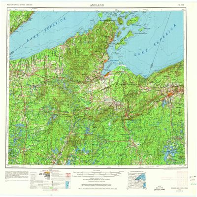 YellowMaps Ashland WI topo map, 1:250000 Scale, 1 X 2 Degree, Historical, 1953, Updated 1975, 22.4 x 27.4 in - Tyvek