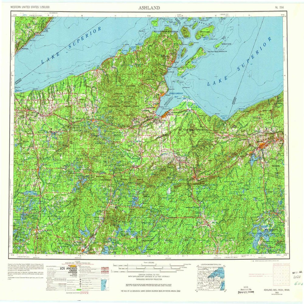 YellowMaps Ashland WI topo map, 1:250000 Scale, 1 X 2 Degree, Historical, 1953, Updated 1975, 22.4 x 27.4 in - Tyvek