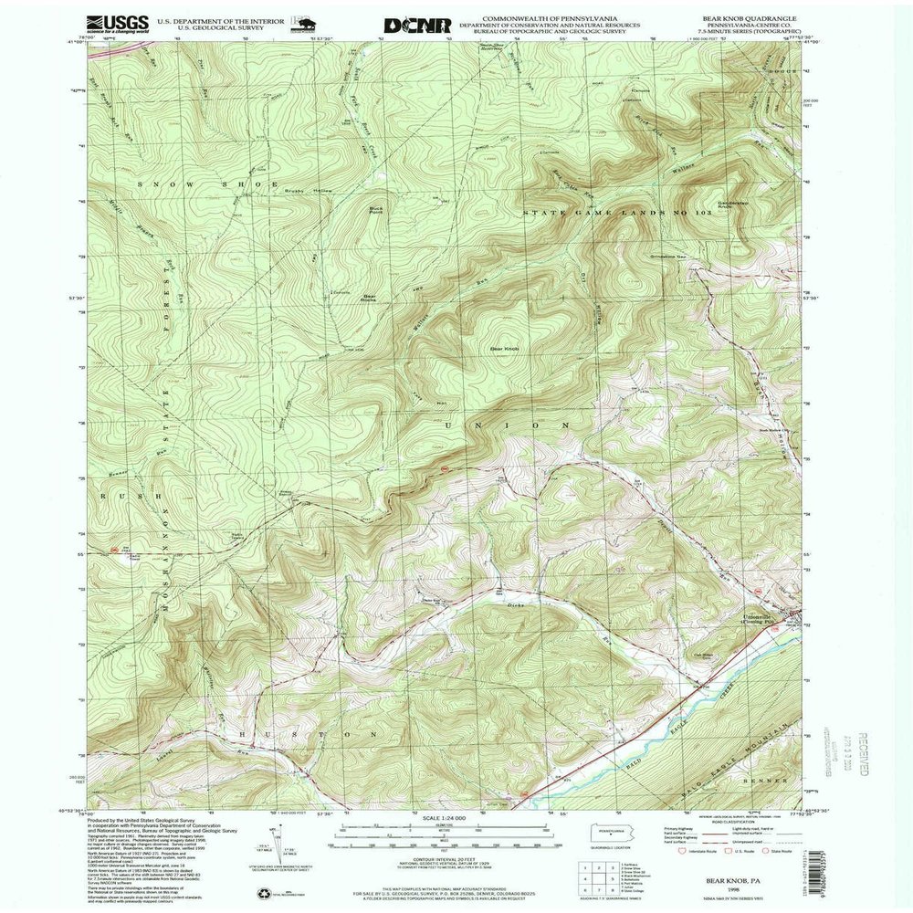 YellowMaps Bear Knob PA topo map, 1:24000 Scale, 7.5 X 7.5 Minute, Historical, 1998, Updated 1999, 26.9 x 21.9 in - Polypropylene