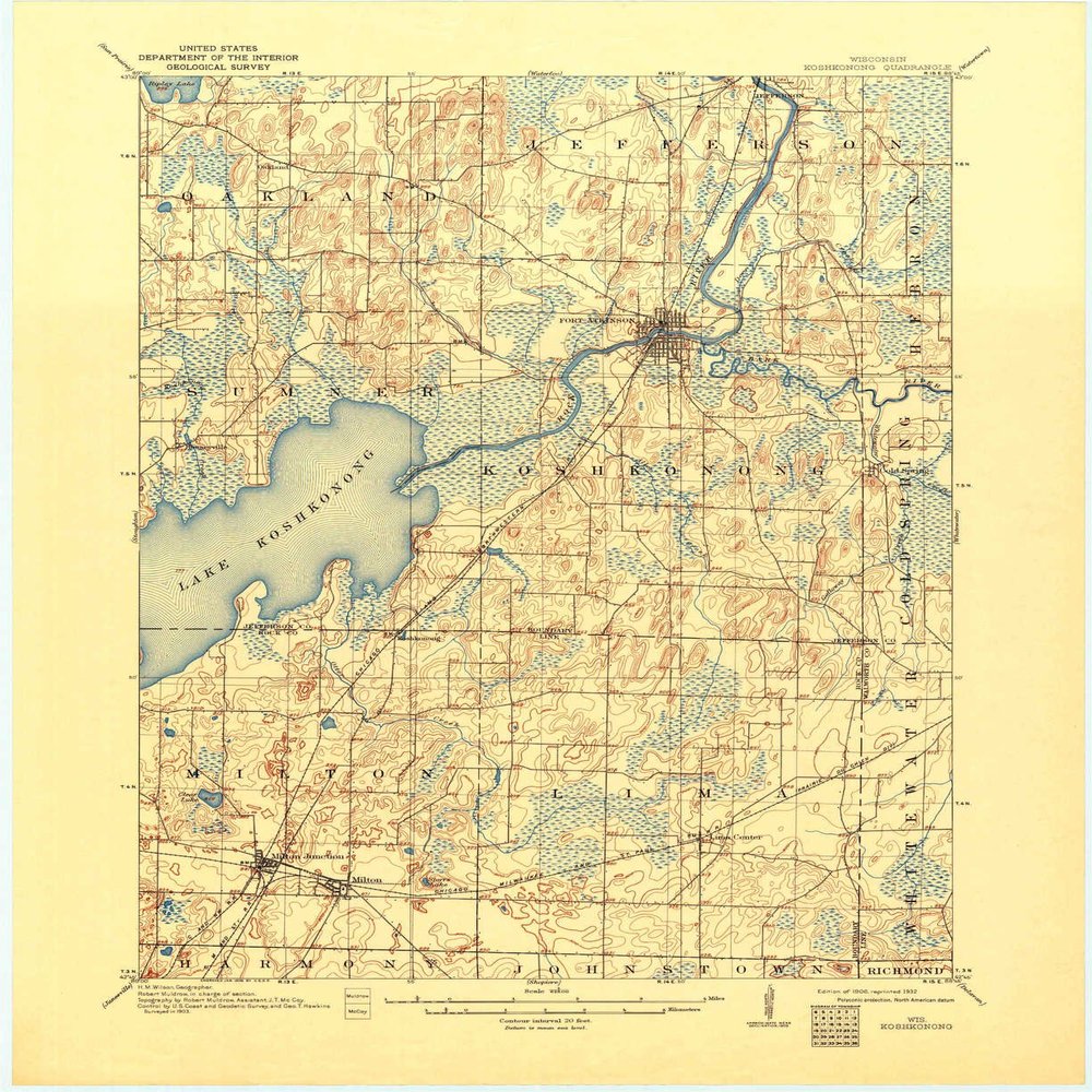 YellowMaps Koshkonong WI topo map, 1:62500 Scale, 15 X 15 Minute, Historical, 1906, Updated 1932, 21.1 x 17.3 in - Polypropylene
