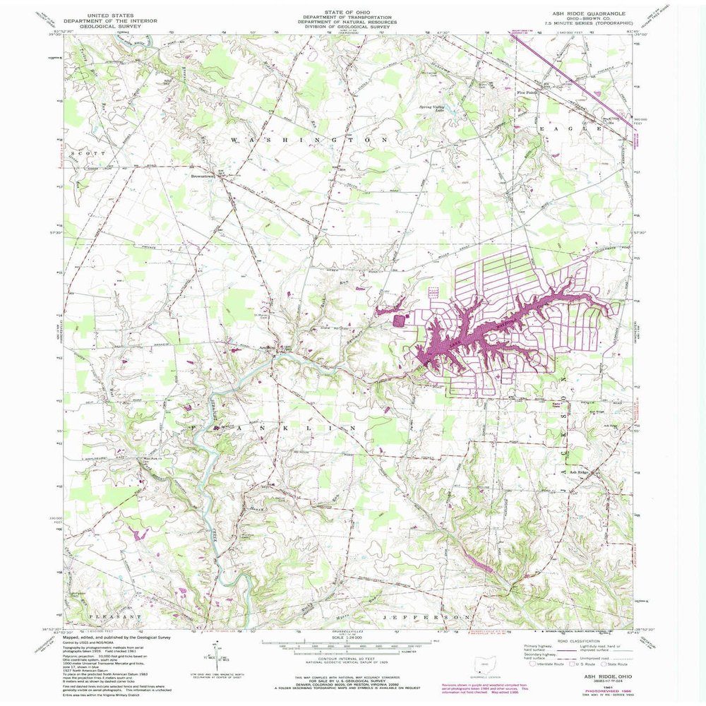 YellowMaps Ash Ridge OH topo map, 1:24000 Scale, 7.5 X 7.5 Minute, Historical, 1961, Updated 1987, 27 x 22 in - Polypropylene