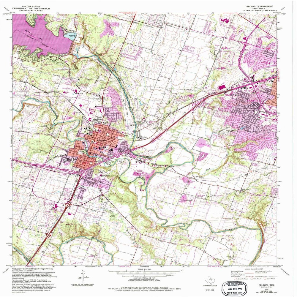 Belton TX topo map, 1:24000 Scale, 7.5 X 7.5 Minute, Historical, 1965, Updated 1993, 27 x 22.1 in - Polypropylene
