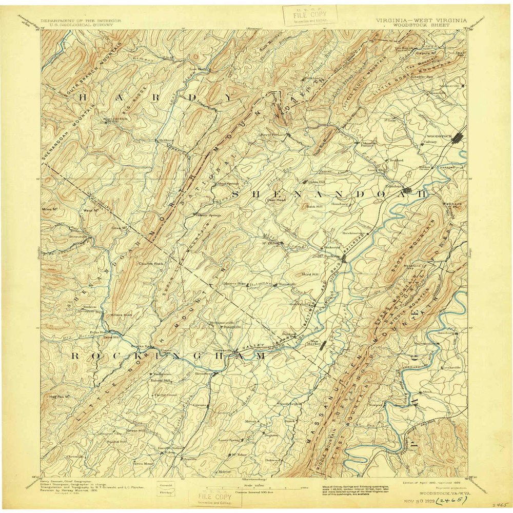 YellowMaps Woodstock VA topo map, 1:125000 Scale, 30 X 30 Minute, Historical, 1892, Updated 1929, 20 x 16.4 in - Tyvek