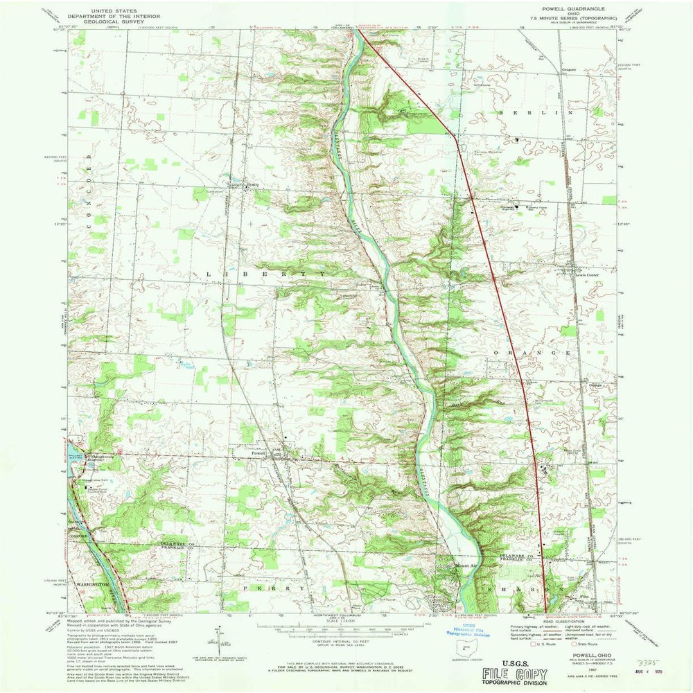 Powell OH topo map, 1:24000 Scale, 7.5 X 7.5 Minute, Historical, 1967, Updated 1970, 27 x 22 in - Tyvek