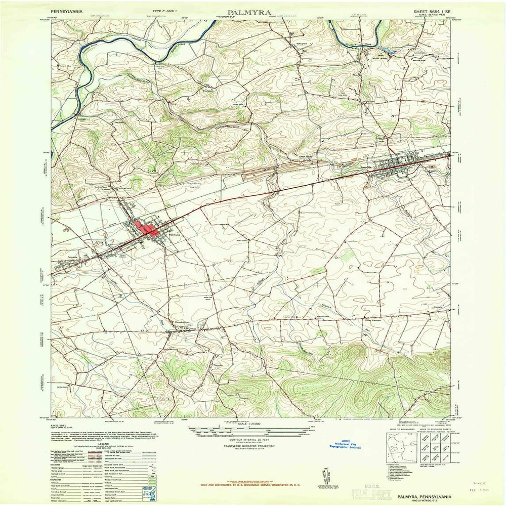 YellowMaps Palmyra PA topo map, 1:24000 Scale, 7.5 X 7.5 Minute, Historical, 1947, Updated 1965, 28.8 x 22 in - Tyvek