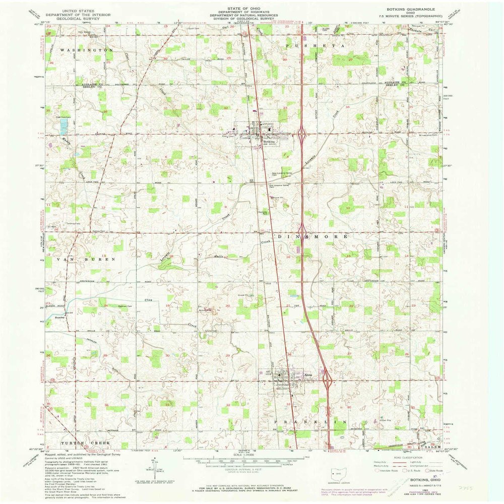 YellowMaps Botkins OH topo map, 1:24000 Scale, 7.5 X 7.5 Minute, Historical, 1961, Updated 1973, 26.9 x 22 in - Tyvek