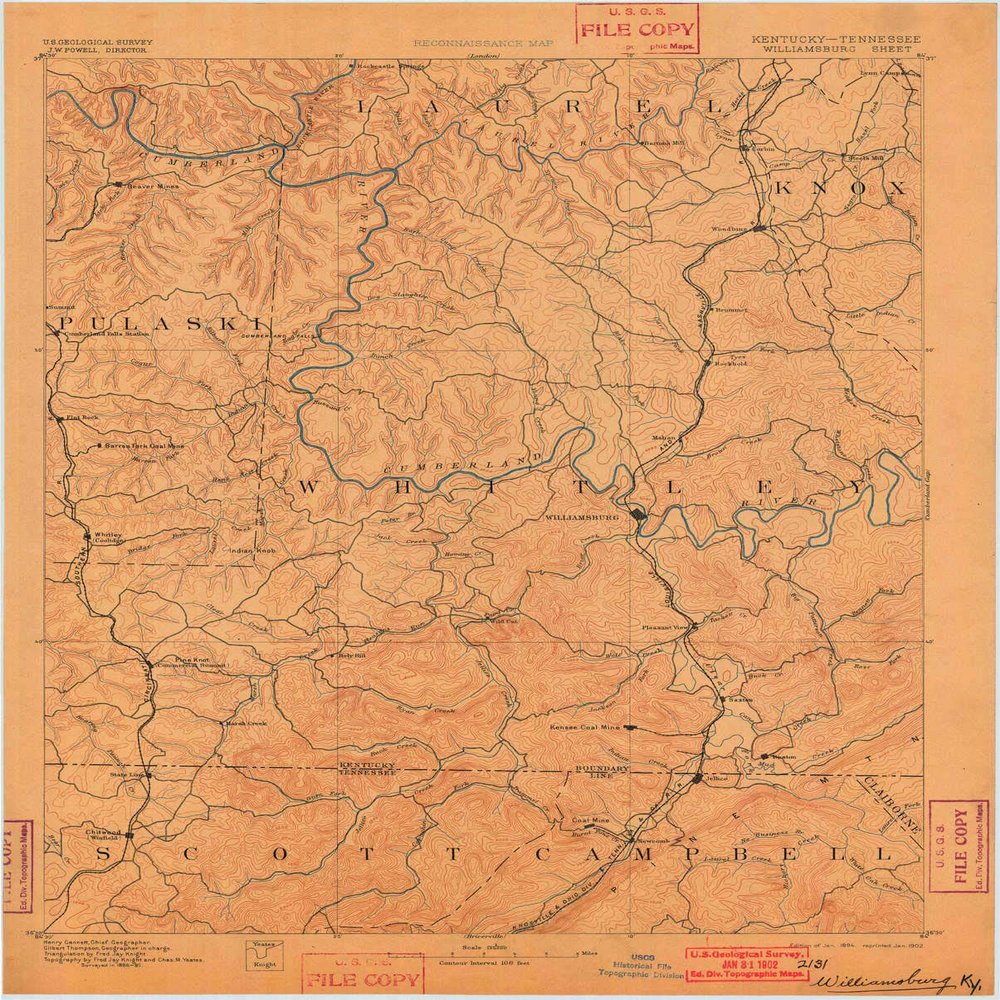 YellowMaps Williamsburg KY topo map, 1:125000 Scale, 30 X 30 Minute, Historical, 1894, Updated 1902, 19.9 x 16.1 in - Tyvek