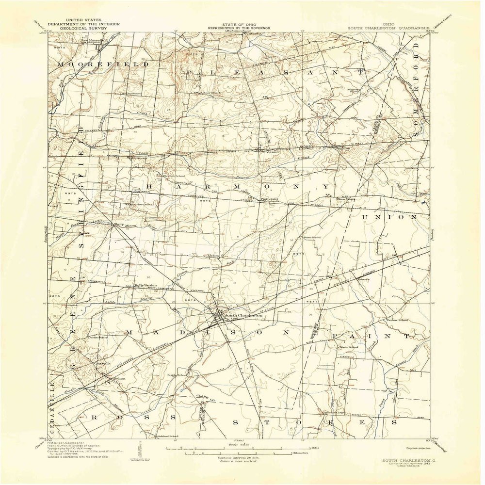 YellowMaps South Charleston OH topo map, 1:62500 Scale, 15 X 15 Minute, Historical, 1907, Updated 1943, 20.8 x 17.1 in - Polypropylene