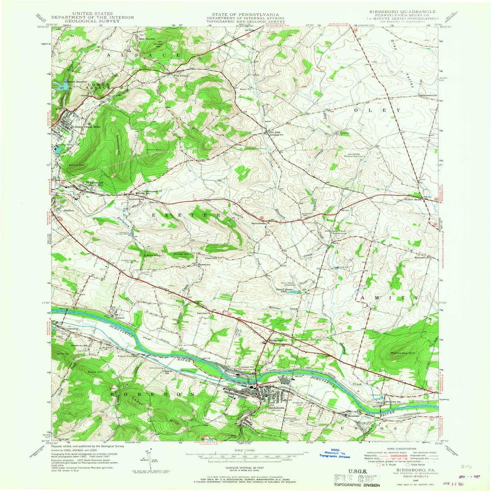 YellowMaps Birdsboro PA topo map, 1:24000 Scale, 7.5 X 7.5 Minute, Historical, 1947, Updated 1967, 26.9 x 22.1 in - Tyvek