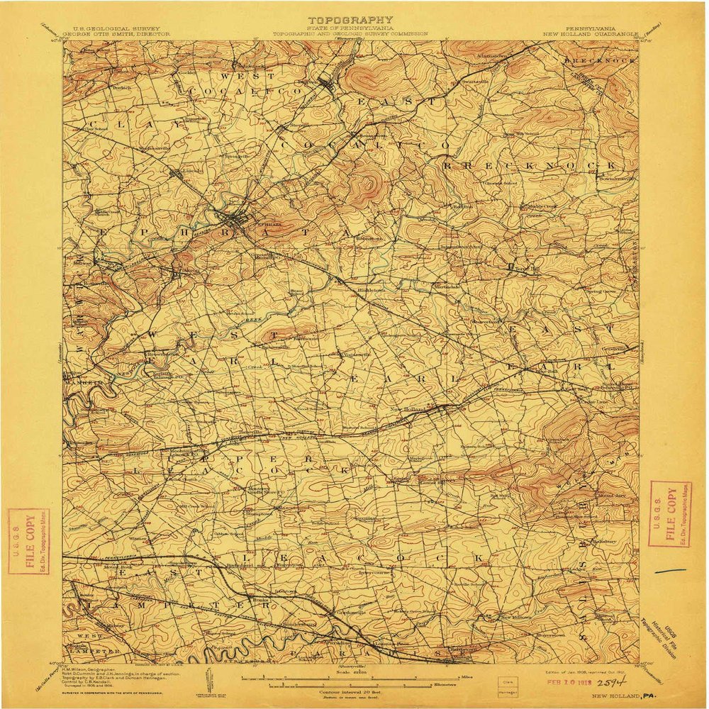 New Holland PA topo map, 1:62500 Scale, 15 X 15 Minute, Historical, 1908, Updated 1912, 19.9 x 16.5 in - Polypropylene