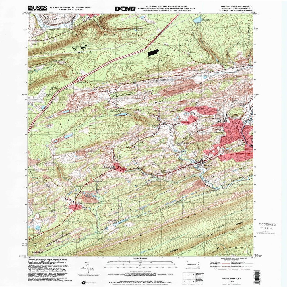 YellowMaps Minersville PA topo map, 1:24000 Scale, 7.5 X 7.5 Minute, Historical, 1999, Updated 2001, 26.9 x 22 in - Polypropylene