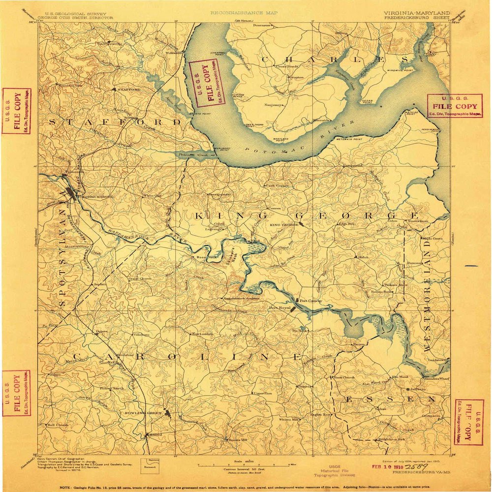 YellowMaps Fredericksburg VA topo map, 1:125000 Scale, 30 X 30 Minute, Historical, 1894, Updated 1910, 19.8 x 16.4 in - Tyvek