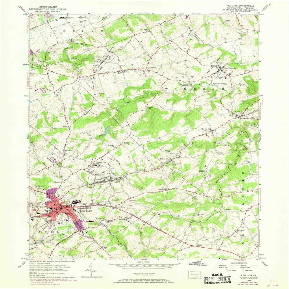 YellowMaps Red Lion PA topo map, 1:24000 Scale, 7.5 X 7.5 Minute, Historical, 1953, Updated 1969, 26.9 x 22.1 in - Polypropylene
