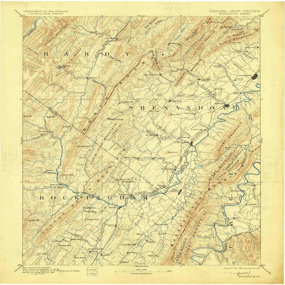 YellowMaps Woodstock VA topo map, 1:125000 Scale, 30 X 30 Minute, Historical, 1892, Updated 1912, 20 x 16.5 in - Tyvek