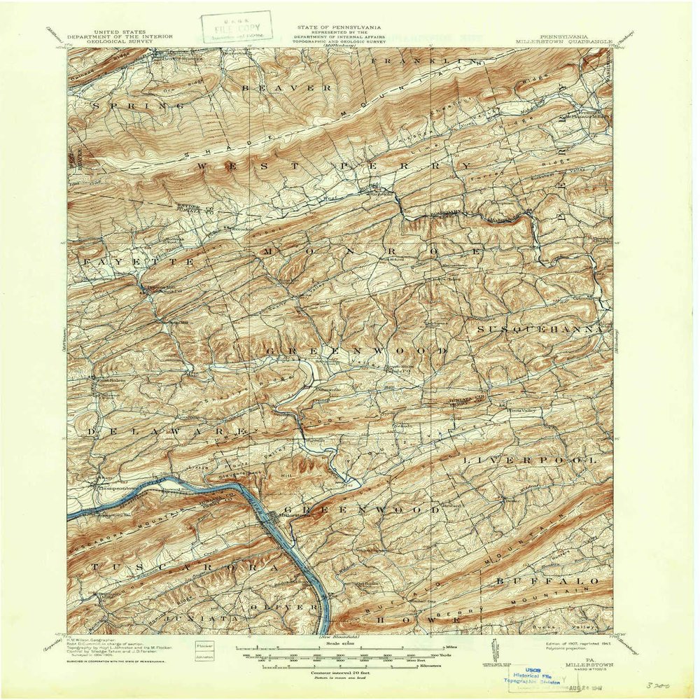 YellowMaps Millerstown PA topo map, 1:62500 Scale, 15 X 15 Minute, Historical, 1907, Updated 1947, 20.8 x 17.1 in - Tyvek
