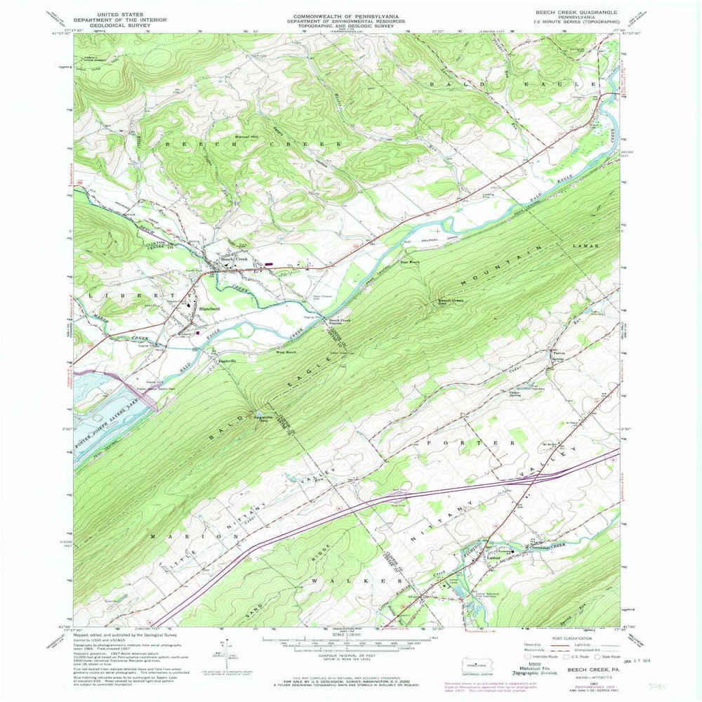 YellowMaps Beech Creek PA topo map, 1:24000 Scale, 7.5 X 7.5 Minute, Historical, 1967, Updated 1973, 26.9 x 22.1 in - Tyvek
