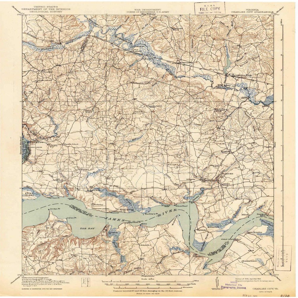 YellowMaps Charles City VA topo map, 1:62500 Scale, 15 X 15 Minute, Historical, 1918, Updated 1944, 19.9 x 16.5 in - Tyvek