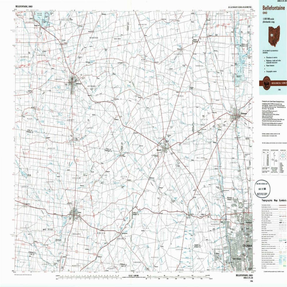 Bellefontaine OH topo map, 1:100000 Scale, 30 X 60 Minute, Historical, 1986, Updated 1986, 24.1 x 40.6 in - Polypropylene