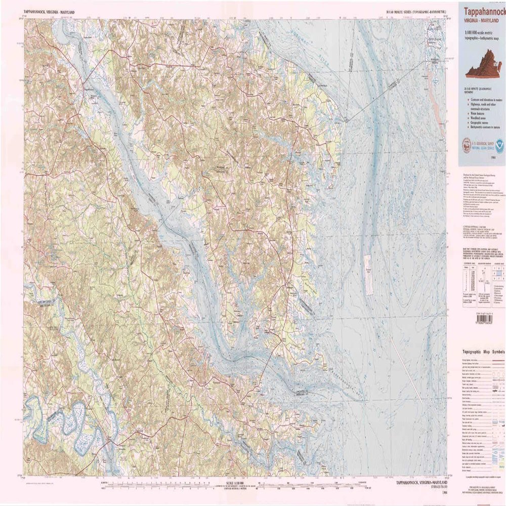 YellowMaps Tappahannock VA topo map, 1:100000 Scale, 30 X 60 Minute, Historical, 1984, 24.1 x 41.6 in - Tyvek