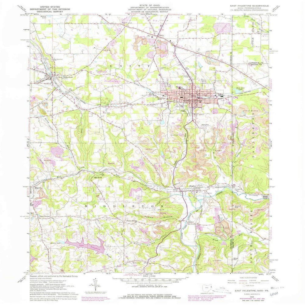 YellowMaps East Palestine OH topo map, 1:24000 Scale, 7.5 X 7.5 Minute, Historical, 1960, Updated 1978, 26.9 x 22.1 in - Polypropylene