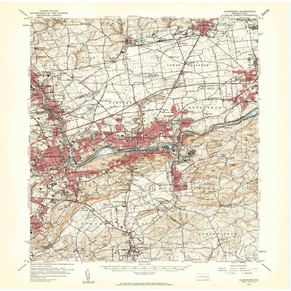 YellowMaps Allentown PA topo map, 1:62500 Scale, 15 X 15 Minute, Historical, 1957, Updated 1960, 21 x 17 in - Tyvek