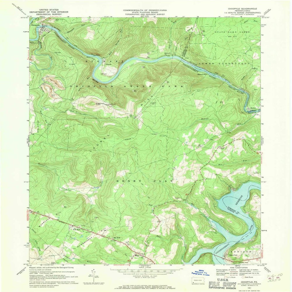 YellowMaps Ohiopyle PA topo map, 1:24000 Scale, 7.5 X 7.5 Minute, Historical, 1967, Updated 1970, 26.9 x 22.1 in - Tyvek