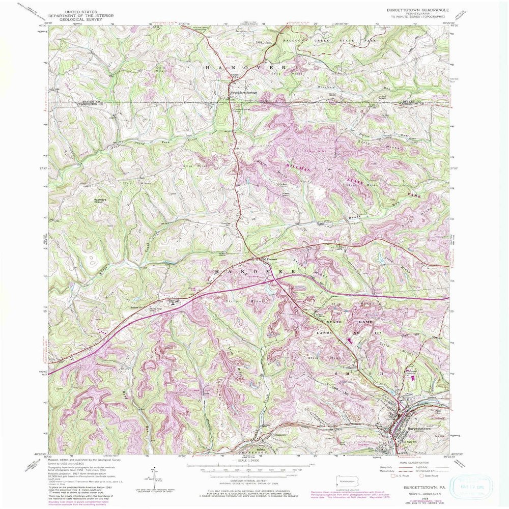 YellowMaps Burgettstown PA topo map, 1:24000 Scale, 7.5 X 7.5 Minute, Historical, 1954, Updated 1979, 27 x 22 in - Polypropylene