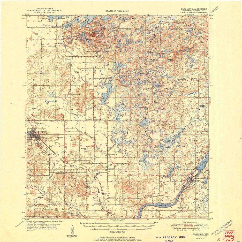 YellowMaps Bloomer WI topo map, 1:62500 Scale, 15 X 15 Minute, Historical, 1951, 21.2 x 17 in - Polypropylene