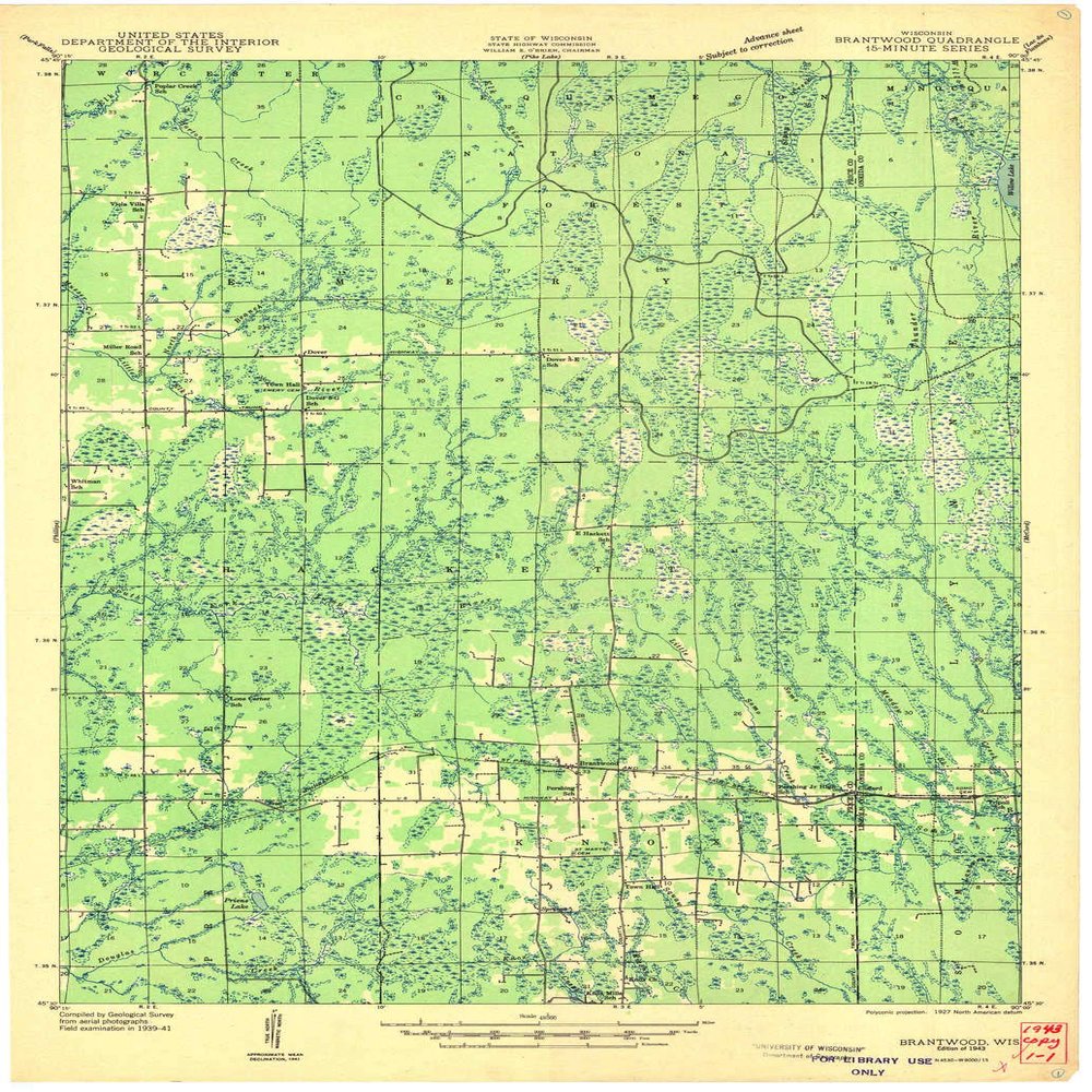 YellowMaps Brantwood WI topo map, 1:48000 Scale, 15 X 15 Minute, Historical, 1943, 26.2 x 18 in - Tyvek