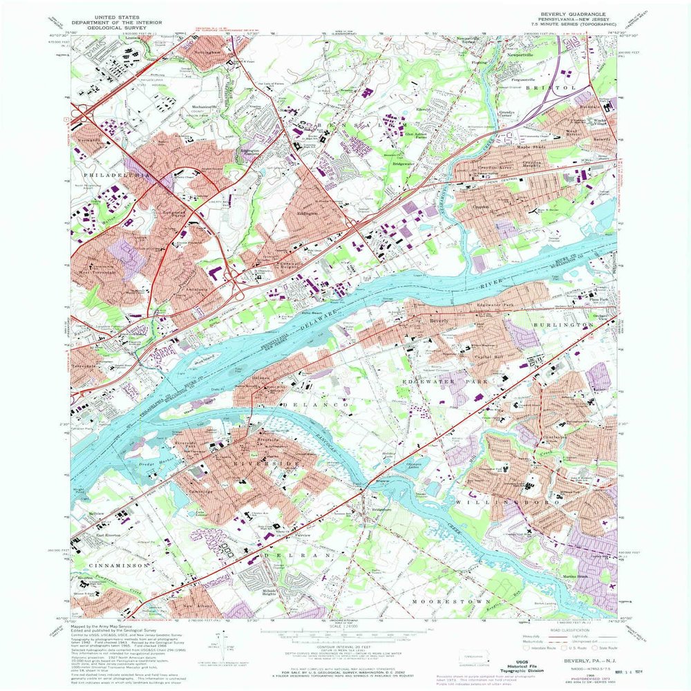 YellowMaps Beverly NJ topo map, 1:24000 Scale, 7.5 X 7.5 Minute, Historical, 1966, Updated 1974, 26.9 x 22.1 in - Tyvek